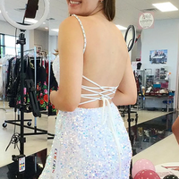 Cute White Sequins Spaghetti Straps Backless Short Homecoming Dresses - Thumbnail 1