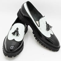 Unique Black Patent and White Crocodile Contrast Tassel Loafers Men Wingtip Dress Shoes - Thumbnail 1