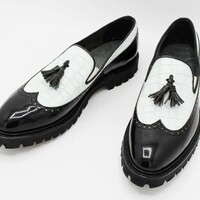Unique Black Patent and White Crocodile Contrast Tassel Loafers Men Wingtip Dress Shoes - Thumbnail 2