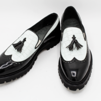 Unique Black Patent and White Crocodile Contrast Tassel Loafers Men Wingtip Dress Shoes - Thumbnail 3