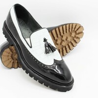 Unique Black Patent and White Crocodile Contrast Tassel Loafers Men Wingtip Dress Shoes - Thumbnail 4