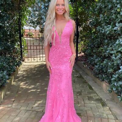 Charming mermaid v neck hot pink lace long prom dresses,1570