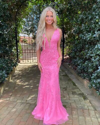 Charming Mermaid V Neck Hot Pink Lace Long Prom Dresses,1570