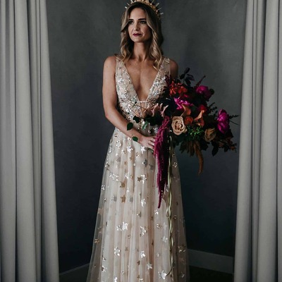 Light champagne sexy deep v neck stars sequins beach boho wedding dress bridal dress