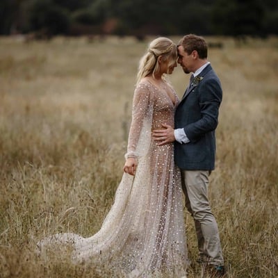 Sexy champagne long sleeve sequins lace wedding dress bridal dress