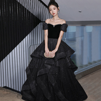 Black Velvet Tulle Long Prom Dress, Black Evening Dress Party Dress - Thumbnail 1