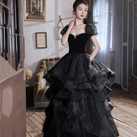 Black Velvet Tulle Long Prom Dress, Black Evening Dress Party Dress - Thumbnail 3