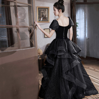 Black Velvet Tulle Long Prom Dress, Black Evening Dress Party Dress - Thumbnail 2