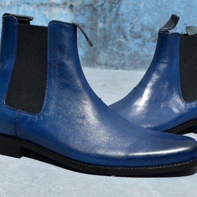 Unique men's hand stitch navy blue chelsea genuine leather boot
