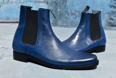 Unique Men's Hand Stitch Navy Blue Chelsea Genuine Leather Boot