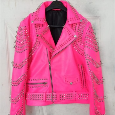 New women punk pink silver long spiked studded brando biker leather jacket - Thumbnail 5