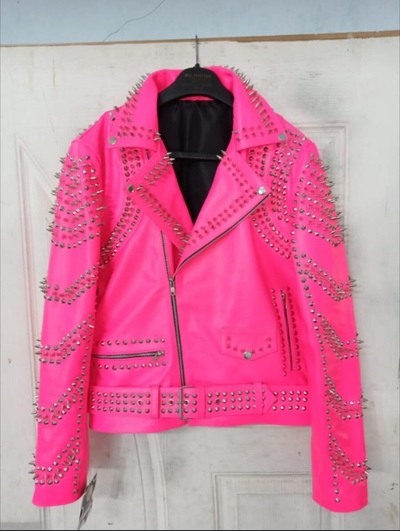 New Women Punk Pink Silver Long Spiked Studded Brando Biker Leather Jacket