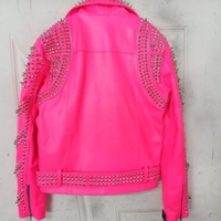 New Women Punk Pink Silver Long Spiked Studded Brando Biker Leather Jacket - Thumbnail 1