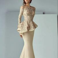 Dubai Arabic Champagne Lace Stain Peplum Mermaid Mother of the Bride/Groom Dresses Long Sheer Neck Long Sleeve Elegant Evening Formal Gowns - Thumbnail 1