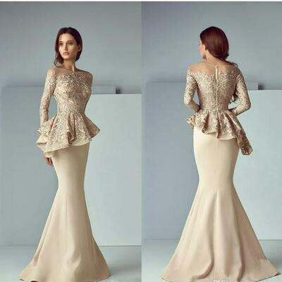 Dubai arabic champagne lace stain peplum mermaid mother of the bride/groom dresses long sheer neck long sleeve elegant evening formal gowns