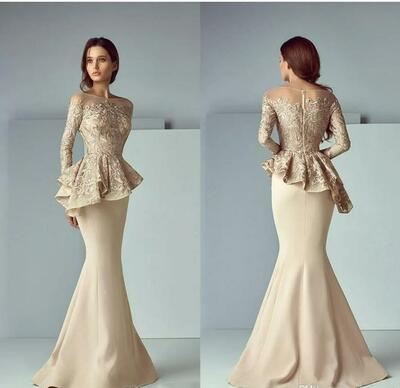 Dubai Arabic Champagne Lace Stain Peplum Mermaid Mother of the Bride/Groom Dresses Long Sheer Neck Long Sleeve Elegant Evening Formal Gowns