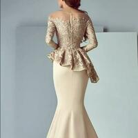 Dubai Arabic Champagne Lace Stain Peplum Mermaid Mother of the Bride/Groom Dresses Long Sheer Neck Long Sleeve Elegant Evening Formal Gowns - Thumbnail 2