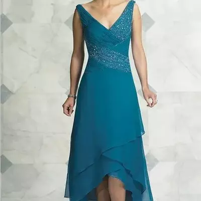 Elegant mother of the bride/groom dresses v neck pleated beading chiffon tea length high low turquoise women party dress prom dresses