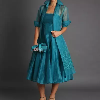 Elegant a line plus size short mother of the bride/groom dresses jacket teal length suits evening gowns organza