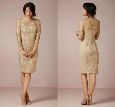 Sheath Gold Embroidery Mother of the Bride/Groom  Dresses Appliques Illusion Neck Knee Length Formal Dresses Plus Size Charming Evening Dress 
