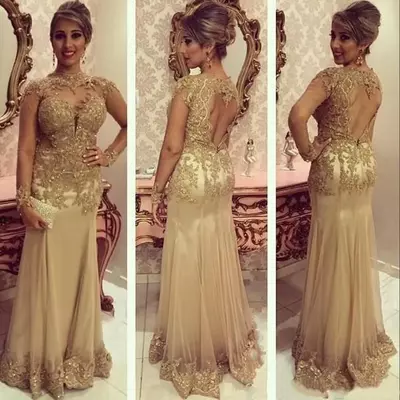 Sexy Champagne Gold Mother of the Bride/Groom  Dresses Lace Appliques Beads Long Sleeves Hollow Back Floor Length