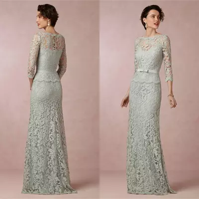 Fashion sage mother of the bride dresses sexy sheer jewel-neck elegant 3/4 long sleeve sheath mother off groom dress floor length