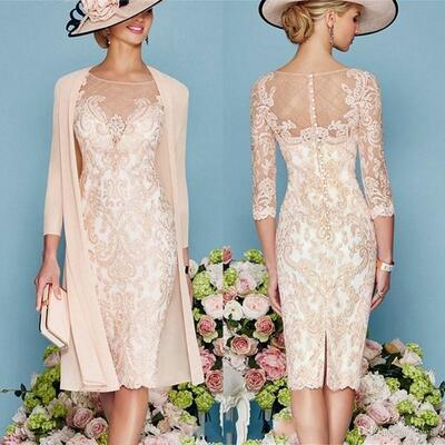Vintage bateau sheath lace mother of the bride/groom dresses plus size formal 3/4 sleeve knee length sheer neck applique mother's dresses