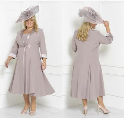 Plus Size Mother Of The Bride Dresses Sleeves Tea Length Scoop Neck Wedding Guest Dress Custom Mothers Groom Gown With Free Long Jacket