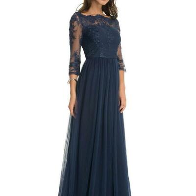 Dark navy elegant sheer long sleeve mother of the bride/groom dresses lace appliques a line tulle long evening gowns custom made mother dresses