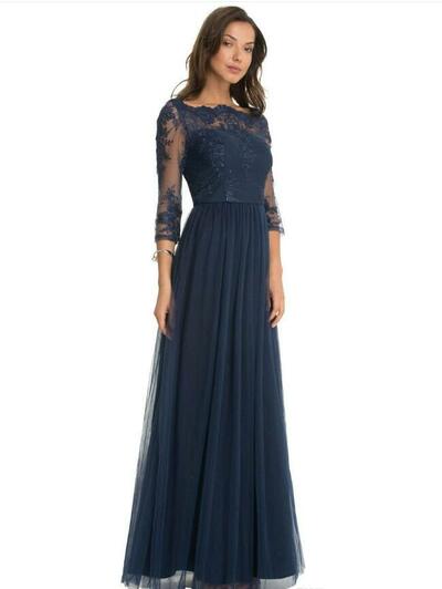 Dark Navy Elegant Sheer Long Sleeve Mother of the Bride/Groom Dresses Lace Appliques A Line Tulle Long Evening Gowns Custom Made Mother Dresses