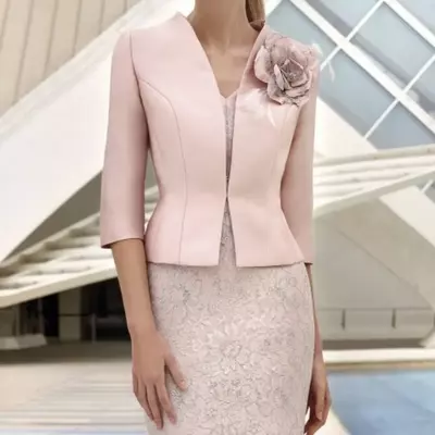 Pink mother of the bride dresses with jacket lace appliqued wedding guest dress knee length short mothers formal outfit