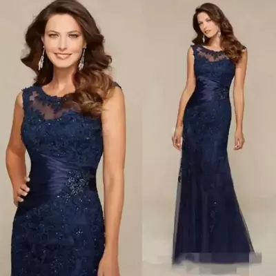 Crew neck elegant mother of the bride dresses new arrival navy blue lace long mermaid party gowns wedding