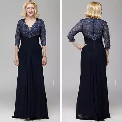 Sexy v-neck a-line lace and chiffon mother of the bride/groom dress 3/4 sleeve floor length evening party dress