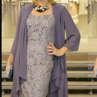Tea length plus size mother of the bride dresses with chiffon jacket 3/4 sleeves spaghetti lace special occasion dress
