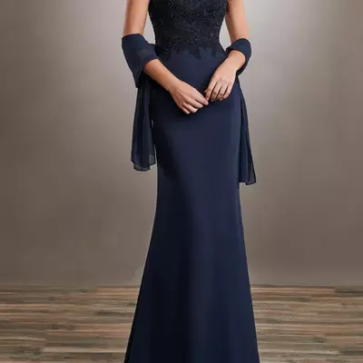 Dark navy mother of the bride dresses with wrap mermaid floor length mother's dress chiffon and lace
