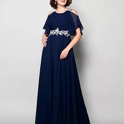 Mother of the bride/groom dress jewel floor-length applique with beadings short sleeve chiffon a-line mother's dresses