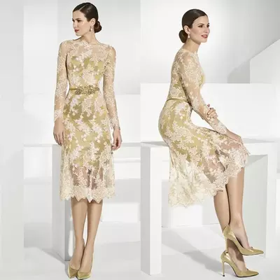 Gold lace mother of the bride/groom dresses with long sleeves sheer bateau neck sheath wedding guest dress tea length plus size evening gowns