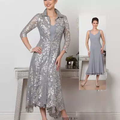 Tea length mother bride dresses sleeves cascading ruffles a line plus mothers dress with free lace jacket