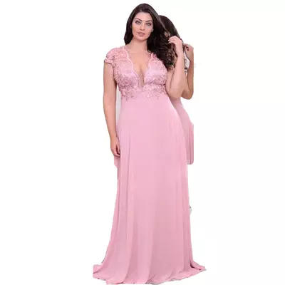 Dusty pink lace appliques plus size mother of bride /groom dresses v neck illusion cap sleeves a line prom gowns floor length chiffon formal dress 