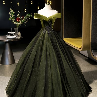 Green velvet tulle long prom dress, green off shoulder evening dress - Thumbnail 1