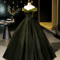 Green Velvet Tulle Long Prom Dress, Green Off Shoulder Evening Dress - Thumbnail 1