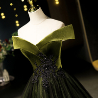 Green Velvet Tulle Long Prom Dress, Green Off Shoulder Evening Dress - Thumbnail 3