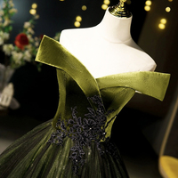 Green Velvet Tulle Long Prom Dress, Green Off Shoulder Evening Dress - Thumbnail 2