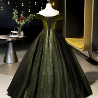 Green Velvet Tulle Long Prom Dress, Green Off Shoulder Evening Dress - Thumbnail 4