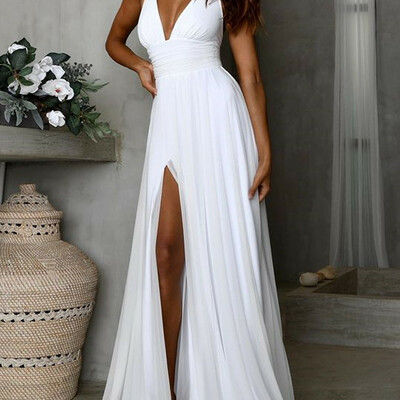 Simple long chiffon white prom dresses women maxi dresses，1586