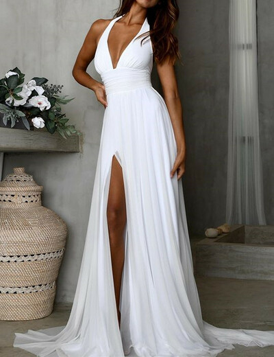 Simple Long Chiffon White Prom Dresses Women Maxi Dresses，1586