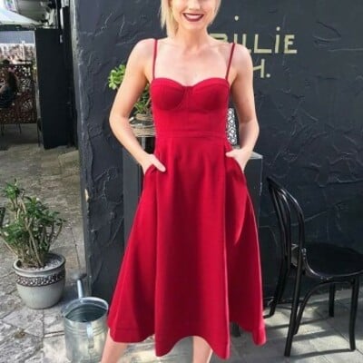 A-line mid calf red homecoming dress with pockets spaghetti straps，1587