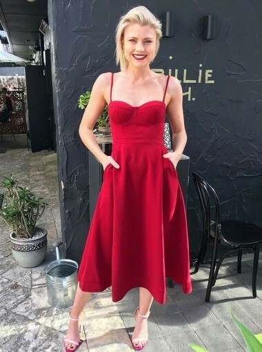 A-Line Mid Calf Red Homecoming Dress with Pockets Spaghetti Straps，1587