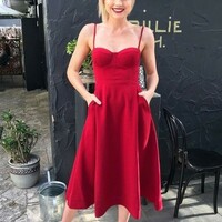 A-Line Mid Calf Red Homecoming Dress with Pockets Spaghetti Straps，1587 - Thumbnail 1