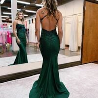Charming Mermaid Scoop Neck Dark Green Satin Long Prom Dresses with Beading,1588 - Thumbnail 2